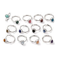 Oval Natural Mixed Stone Adjustable Rings, Brass Ring for Women, Long-Lasting Plated, Lead Free & Cadmium Free, Platinum, Inner Diameter: 18mm(RJEW-Q817-04P)