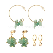 3 Pairs 3 Style Natural Green Aventurine Chips Beaded Cluster Dangle Stud & Leverback Earrings, Brass Half Hoop Earrings for Women, Golden, 21~32mm, Pin: 0.7~0.9mm, 1 Pair/style(EJEW-JE04895-05)