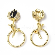 Brass Micro Pave Clear Cubic Zirconia Toggle Clasp, with Enamel, Rose, Real 18K Gold Plated, Black, Ring:18.5x16.5x1.5mm, Rose: 27.5x11x6.5mm(KK-P223-49G-01)