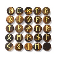 Brass Elder Futhark Alphabet Engraved Symbol Flat Round Natural Tiger Eye Rune Stones, for Chakras Balancing, Crystal Therapy, Meditation, Divination, 16.5~17.5x6~7mm, 25pcs/set(G-I373-01L)