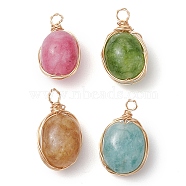 Dyed Natural Malaysia Jade Copper Wire Wrapped Pendants, Oval Charms, Light Gold, Mixed Color, 17x10x9mm, Hole: 2mm(PALLOY-JF02879)