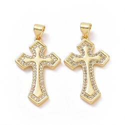 Brass Cubic Zirconia Pendants, Religion Cross Charm, Golden, 28x17x2.5mm, Hole: 3x5mm(ZIRC-I062-13G)