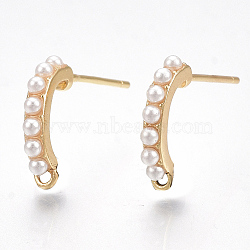 Brass Stud Earring Findings, with Loop and ABS Plastic Imitation Pearl, Nickel Free, Real 18K Gold Plated, 17~18x13~14mm, Hole: 1mm, Pin: 0.8mm(X-KK-T038-485G)