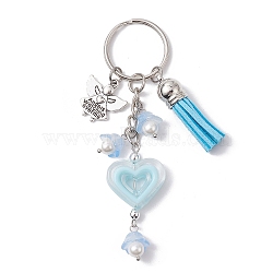 Heart Acrylic Keychain,  with Faux Suede Tassel & Angel Alloy Pendants and Iron Split Key Rings, Sky Blue, 9.8cm, Pendants: 15~47x10~23x6mm(KEYC-JKC00711-04)
