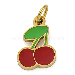 Ion Plating(IP) 304 Stainless Steel Enamel Charms, with Jump Ring, Manual Polishing, Cherry Charm, Real 18K Gold Plated, Red, 10x7x1mm, Hole: 2.5mm(STAS-Z104-02G-02)