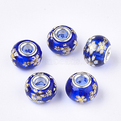Glass European Beads, Large Hole Beads, with Platinum Tone Brass Double Cores, Rondelle with Sakura, Blue, 14x10~11mm, Hole: 5mm(X-GPDL-Q023-01C)