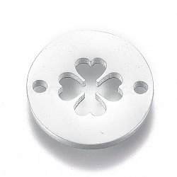 Tarnish Resistant 304 Stainless Steel Links connectors, Flat Round with Four Leaf Clover, Stainless Steel Color, 12x1mm, Hole: 1.2mm(STAS-L224-009P)