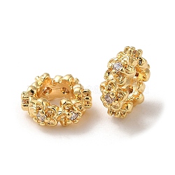 Brass Micro Pave Cubic Zirconia European Style Beads, Large Hole Beads, Ring with Flower, Real 18K Gold Plated, 8x3.5mm, Hole: 4mm(KK-P239-30A-G)