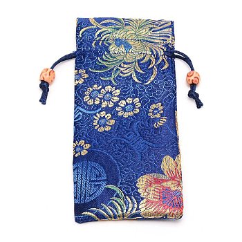 Polyester Pouches, Drawstring Bag, with Wood Beads, Rectangle with Floral Pattern, Medium Blue, 16~17x7.8~8x0.35cm