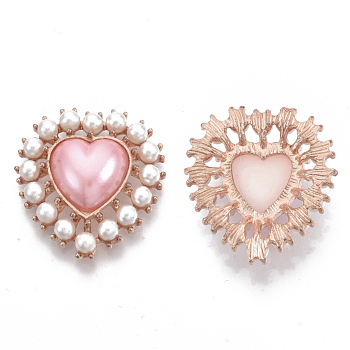 Alloy Flat Back Cabochons, with ABS Plastic Imitation Pearl Beads, Rose Gold, Heart, Pink, 29x27x8mm