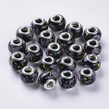 Handmade Lampwork European Beads, Large Hole Beads, with Silver Color Plated Brass Double Cores, Inner Flower Lampwork, Rondelle, Black, 14x11mm, Hole: 5mm