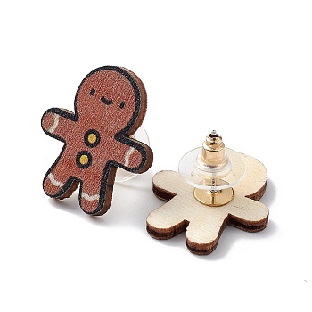 Christmas Printed Wooden Stud Earrings, with 316 Stainless Steel Pins for Women, Gingerbread Man, 22x19.5mm, Pin: 0.7mm