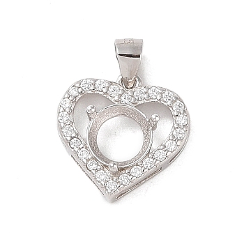 925 Sterling Silver Micro Pave Cubic Zirconia Pendant Setting, Open Back Settings , Heart, Tray: 6mm, 12.5x12.5x4.5mm, Hole: 4mm