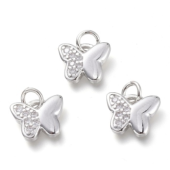 Brass Micro Pave Clear Cubic Zirconia Pendants, with Jump Rings, Butterfly, Real Platinum Plated, 9x10.5x2mm, Hole: 3.5mm