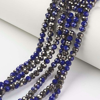 Electroplate Opaque Glass Beads Strands, Half Black Plated, Faceted, Rondelle, Prussian Blue, 4x3mm, Hole: 0.4mm, about 123~127pcs/strand, 16.5~16.9 inch(42~43cm)