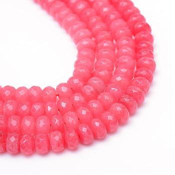 Natural White Jade Bead Strands, Dyed, Faceted, Rondelle, Light Coral, 4~5x3mm, Hole: 0.5mm, about 115~120pcs/strand, 13.39~13.98 inch(34~35.5cm)