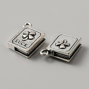 Tibetan Style Alloy Pendants, Book with Clover & Word Luck Charm, Antique Silver, 16.5x13.5x6mm, Hole: 1.8mm