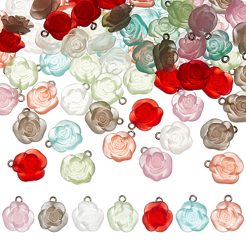 PandaHall Elite 70Pcs 7 Colors Transparent Frosted Resin Rose Pendants, with Platinum Tone Iron Loops, Mixed Color, 18x15.5x7mm, Hole: 2mm, 10pcs/color
