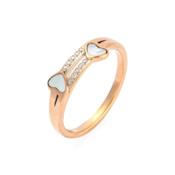 Ion Plating(IP) 304 Stainless Steel Finger Ring with Rhinestone, Heart, Rose Gold, US Size 8(18.1mm)