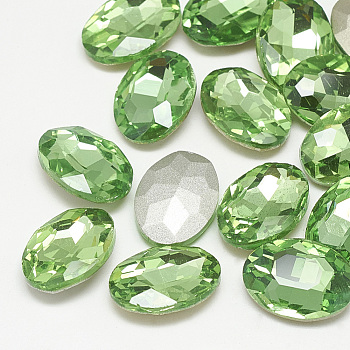 Pointed Back Glass Rhinestone Cabochons, Back Plated, Faceted, Oval, Peridot, 10x8x4mm