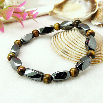 Round Natural Tiger Eye Stretch Bracelets, with Non-Magnetic Synthetic Hematite Beads and Elastic Cord, 50mm