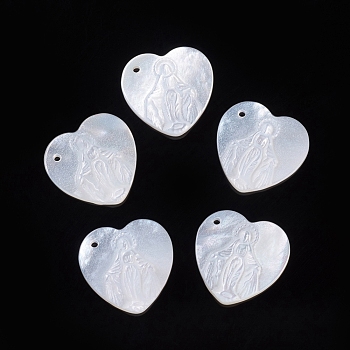 Natural White Shell Pendants, Religion, Heart with Virgin Mary, 14.5x14.5x2.5mm, Hole: 1mm
