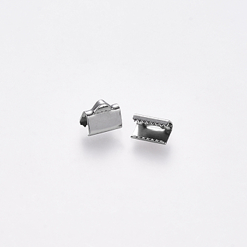 304 Stainless Steel Ribbon Crimp Ends, Stainless Steel Color, 7x8mm, Hole: 1.5x2mm