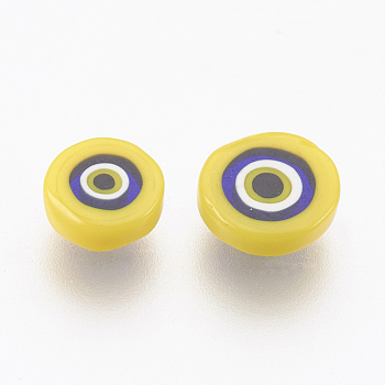 Handmade Lampwork Evil Eye Cabochons, Flat Round, Yellow, 3~6x2mm