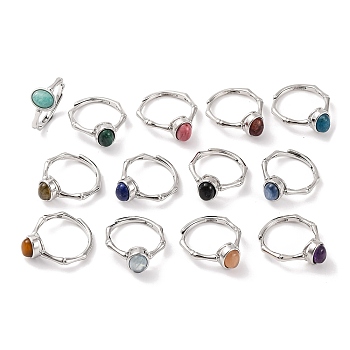 Oval Natural Mixed Stone Adjustable Rings, Brass Ring for Women, Long-Lasting Plated, Lead Free & Cadmium Free, Platinum, Inner Diameter: 18mm