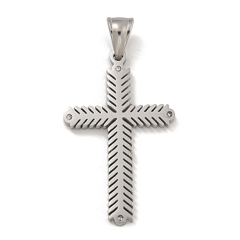 304 Stainless Steel Pendants, with Crystal Rhinestones, Cross Charm, Stainless Steel Color, 42x26x3mm, Hole: 7x4.5mm