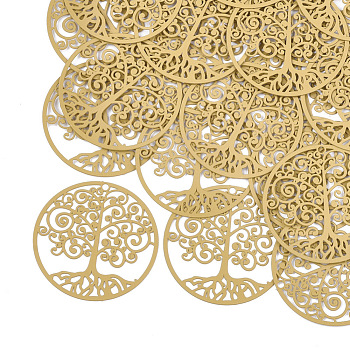 430 Stainless Steel Filigree Pendants, Spray Painted, Etched Metal Embellishments, Flat Round with Tree of Life, Goldenrod, 35x0.3mm, Hole: 1.6mm