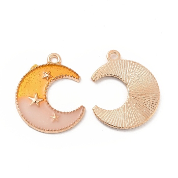 Alloy Pendants, with 2 Tone Enamel, Crescent Moon with Star Charm, Golden, Orange, 23x18.5x1.5mm, Hole: 1.6mm