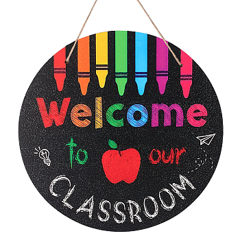 Wooden Welcome Door Decorations, with Jute Rope for Classroom Hanging Decorations, Flat Round, Colorful, 292x4mm