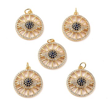 Brass Micro Pave Cubic Zirconia Pendants, Long-Lasting Plated, Cadmium Free & Lead Free, Flat Round with Eye, Real 18K Gold Plated, 22x20x5.5mm, Hole: 3.5mm