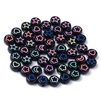 Opaque Black Acrylic Beads, Flat Round with Mixed Color Star & Heart & Moon & Flower, 7x3.5mm, Hole: 1.5mm, about 3600~3700pcs/500g