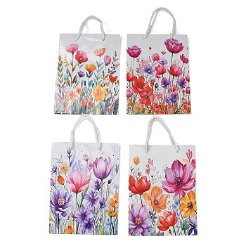 Flower Printed Paper Gift Bags with Handles, Shopping Bags, Rectangle, Mixed Color, 8x18x24cm