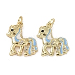 Brass Micro Pave Cubic Zirconia Pendants, Cadmium Free & Nickel Free & Lead Free, with Enamel and Jump Ring, Horse Charms, Light Blue, 17.5x14.5x3mm, Hole: 3.4mm(KK-L209-079G-02)
