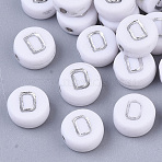 Plating Acrylic Beads, Silver Metal Enlaced, Horizontal Hole, Flat Round with Letter, White, Letter.D, 7x4mm, Hole: 1.2mm(X-PACR-R243-04D)