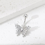 Brass Pave Clear Cubic Zirconia Curved Barbell Butterfly Belly Rings, Platinum, 28x19x7mm, Pin: 1.8mm, Head: 5mm(AJEW-L099-01A-P)