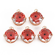 Transparent Glass Pendants, with Brass Prong Settings, Faceted, Flat Round with Eye, Light Gold, FireBrick, 17x14x7.5mm, Hole: 2mm(GLAA-S193-001B)