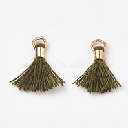 Polycotton(Polyester Cotton) Tassel Pendant Decorations, Mini Tassel, with Brass Findings, Light Gold, Dark Olive Green, 10~15x3~4mm, Hole: 2mm(FIND-S275-07G)