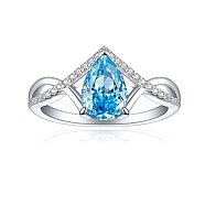 925 Sterling Silver Micro Pave Cubic Zirconia Plain Band Rings, Real Platinum Plated, Teardrop, Deep Sky Blue, US Size 7(17.3mm)(RJEW-P103-07P-A)