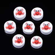 Handmade Polymer Clay Beads, Flat Round with Crab Patterns, White, 9.5~10x4.5mm, Hole: 1.8mm(CLAY-N007-005-08)