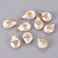 Natural Cultured Freshwater Pearl Pendants, with Brass Cubic Zirconia Cabochons, Long-Lasting Plated, Nuggets with Bees, Real 18K Gold Plated, 14~18x20~29x5~8mm, Hole: 1.4mm(PEAR-F008-37G)