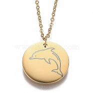 Ion Plating(IP) 304 Stainless Steel Pendant Necklaces, with Lobster Claw Clasps, Flat Round with Dolphin, Real 18K Gold Plated, 17-1/2 inch(44.5cm)(NJEW-Z006-01G)