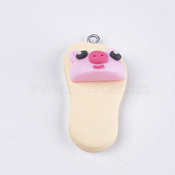 Handmade Polymer Clay Pendants, with Iron Findings, Slipper with Piggy Head, Platinum, Cornsilk, 42~43x19~20x11~14mm, Hole: 1.5mm(CLAY-S093-04A)
