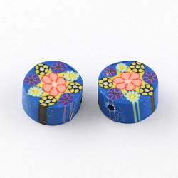 Handmade Flat Round with Flower Polymer Clay Beads, Royal Blue, 10~11x4~5mm, Hole: 1mm(CLAY-R060-31)