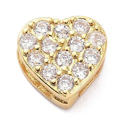 Brass Micro Pave Clear Cubic Zirconia Slide Charms, Heart, Golden, 10x10x4.5mm, Hole: 8x1mm and 1.3x1.2mm(ZIRC-P085-04G)