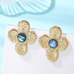 304 Stainless Steel Stud Earrings, with Paua Shell, Flower, Golden, 33x26.5mm(EJEW-JE06951-02)