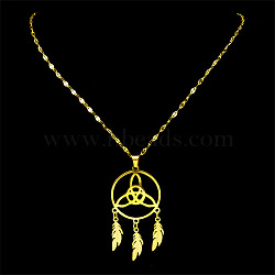 Triquetra/Trinity Knot with Woven Net/Web with Feather Pendant Necklaces, 304 Stainless Steel Dapped Chain Necklaces , Golden, 15.94 inch(40.5cm)(NJEW-C042-03G)